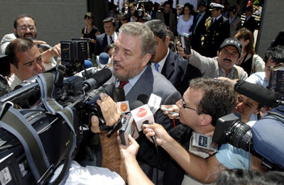 Fidel Castro Diaz Balart, son of Cuba's President Fidel Castro, talks with the media as he attends the opening ceremony of the Valdivia's new Scientific Studies Center in Valdivia city, some 839 km (521 miles) south of Santiago, January 13, 2007. 