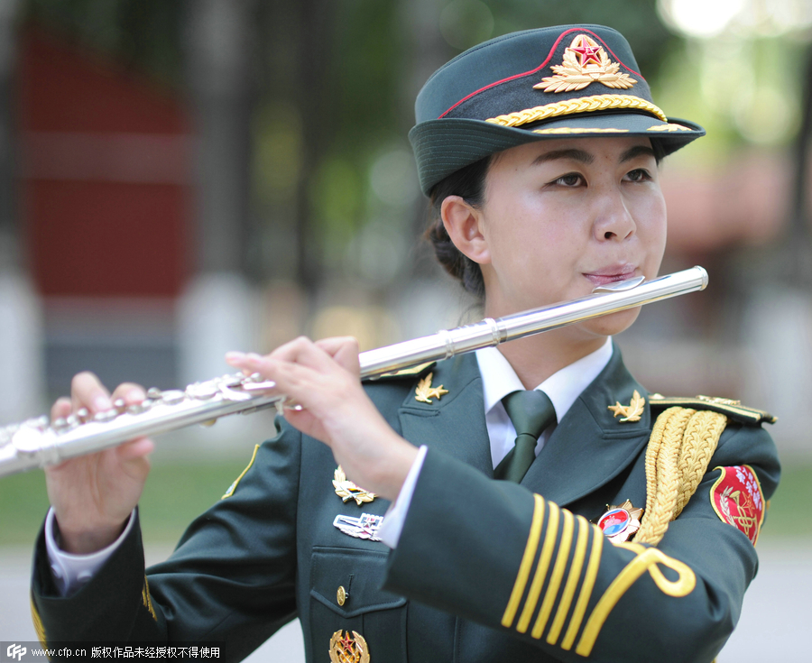 Female soldiers of military band practice for the V-Day parade