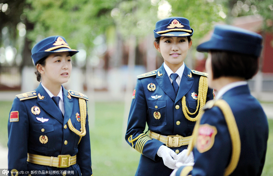 Female soldiers of military band practice for the V-Day parade