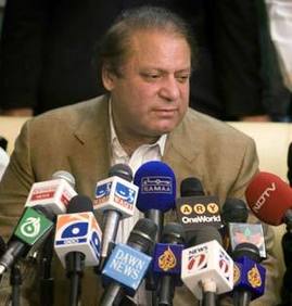Former Prime Minister Nawaz Sharif answers questions during a news conference a day after general elections in Lahore Feb. 19, 2008. Nawaz Sharif will not be the prime minister or take any ministerial post in the new government, Saif Qureshi, Political Convenor of Sharif's Pakistan Muslim League (PML-N) said on Wednesday.