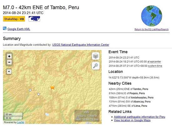 Large earthquake reported in central Peru