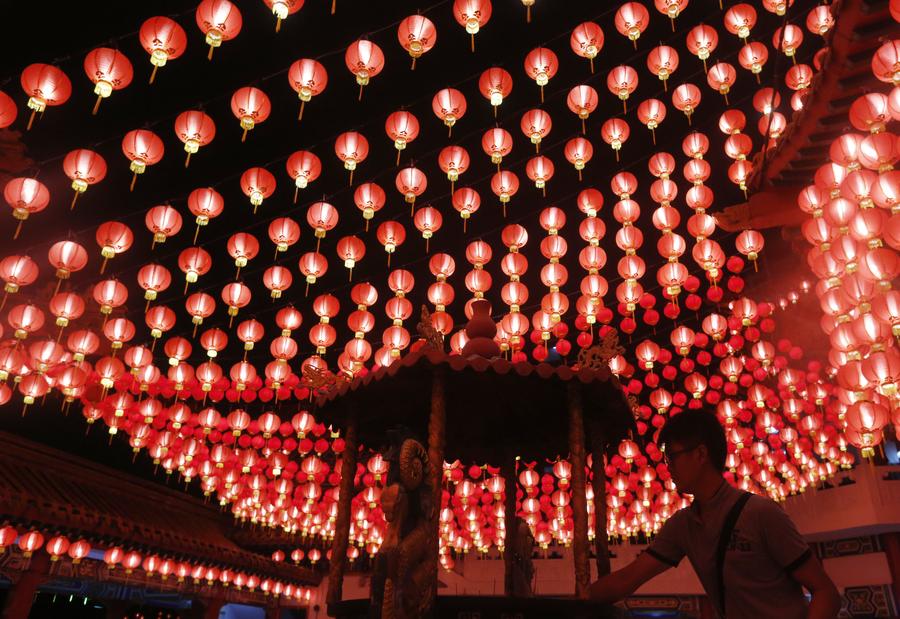 Lanterns decorate temple to celebrate Chinese New Year in Kuala Lumpur