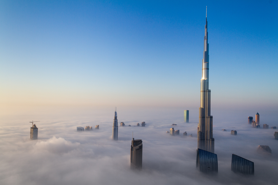 Skyscrapers soar above the clouds in Dubai