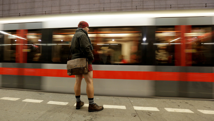 People take part in the annual 'No Pants Subway Ride' in Europe