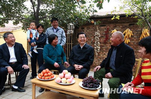 胡锦涛考察山东 和村民代表在农家院围坐(图)